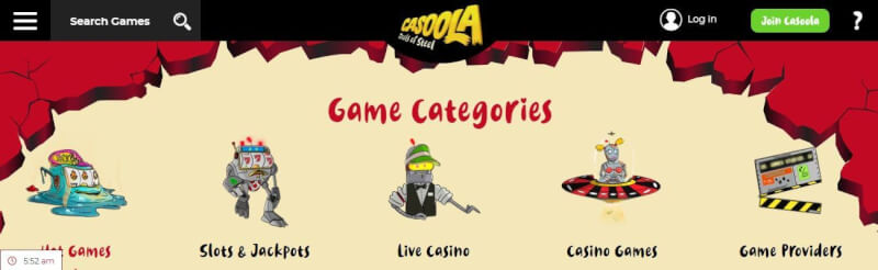 casoola lobby provides slots and jackpots, canlı kazino, different gambling games and filters by game providers-logo