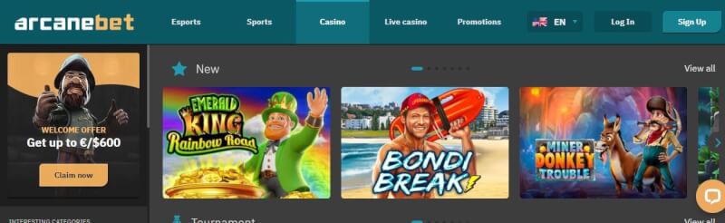 arcanebet homepage offers gambling games, first deposit bonus and promotions for brand new players-logo