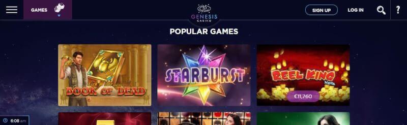 genesis casino lobby offers popular games like starburst and book of lifeless, additionally extra provides can be found from menu-logo