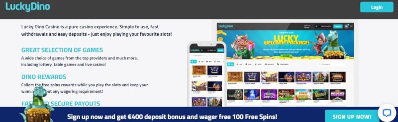 Luckydino casino lobby with slots and gambling games, join and obtain very first deposit bonus-logo