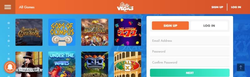 slottyvegas casino lobby provides numerous casino games, registration choices and extra offers-logo