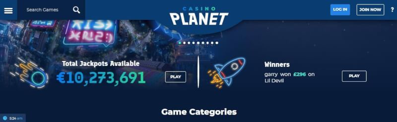 casino earth lobby provides jackpot games, search games filter and campaigns for brand new players-logo