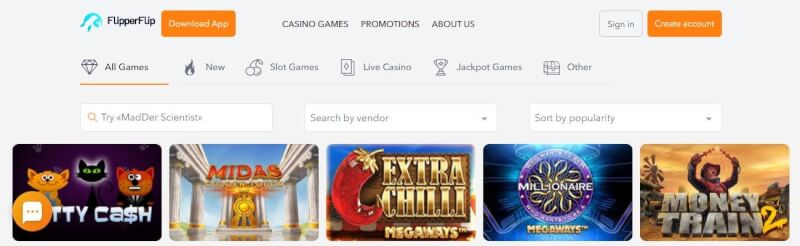 flipperflip casino homepage provides gambling games, ilk depozit bonusu və yeni oyunçular üçün promosyonlar-loqosu