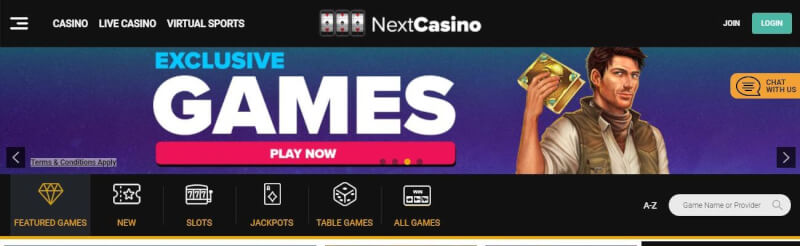 next casino homepage provides gambling games, first deposit extra and promotions for new players-logo