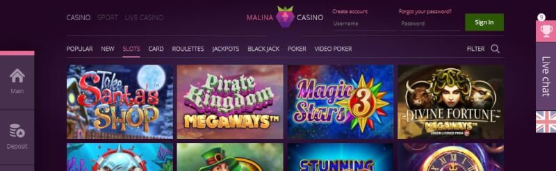 malina casino homepage offers casino games and promotions for new players-logo
