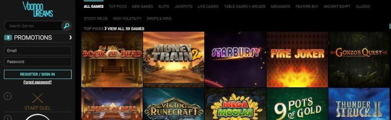voodoo dreams homepage offers gambling games, ilk depozit əlavə və yeni oyunçular üçün kampaniyalar-loqosu